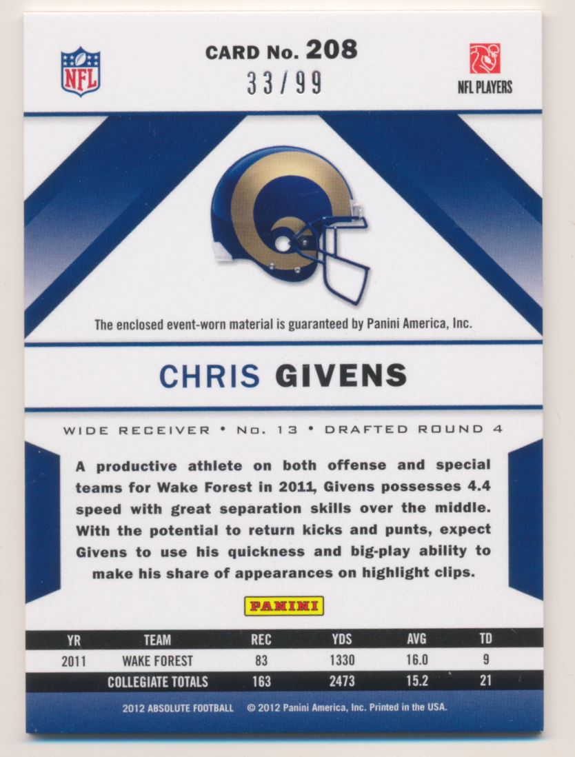 2012 Absolute Rookie Premiere Materials AFC/NFC #208 Chris Givens back image