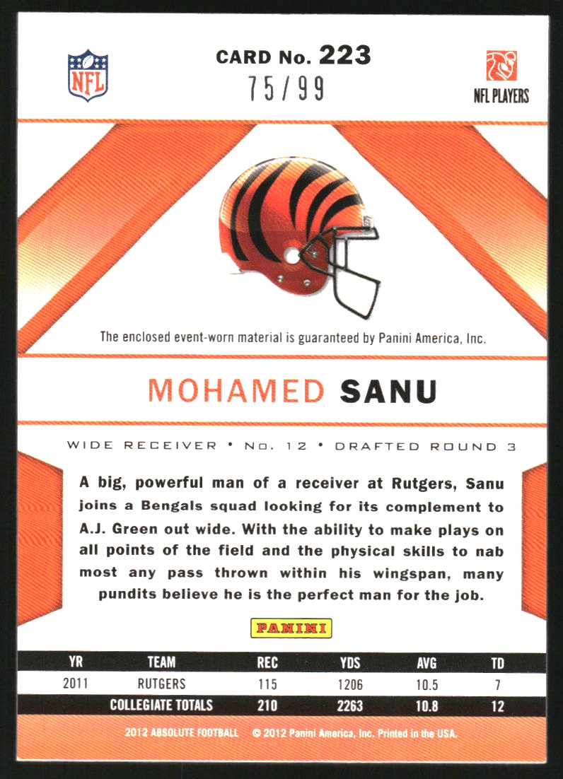 2012 Absolute Rookie Premiere Materials AFC/NFC #223 Mohamed Sanu back image