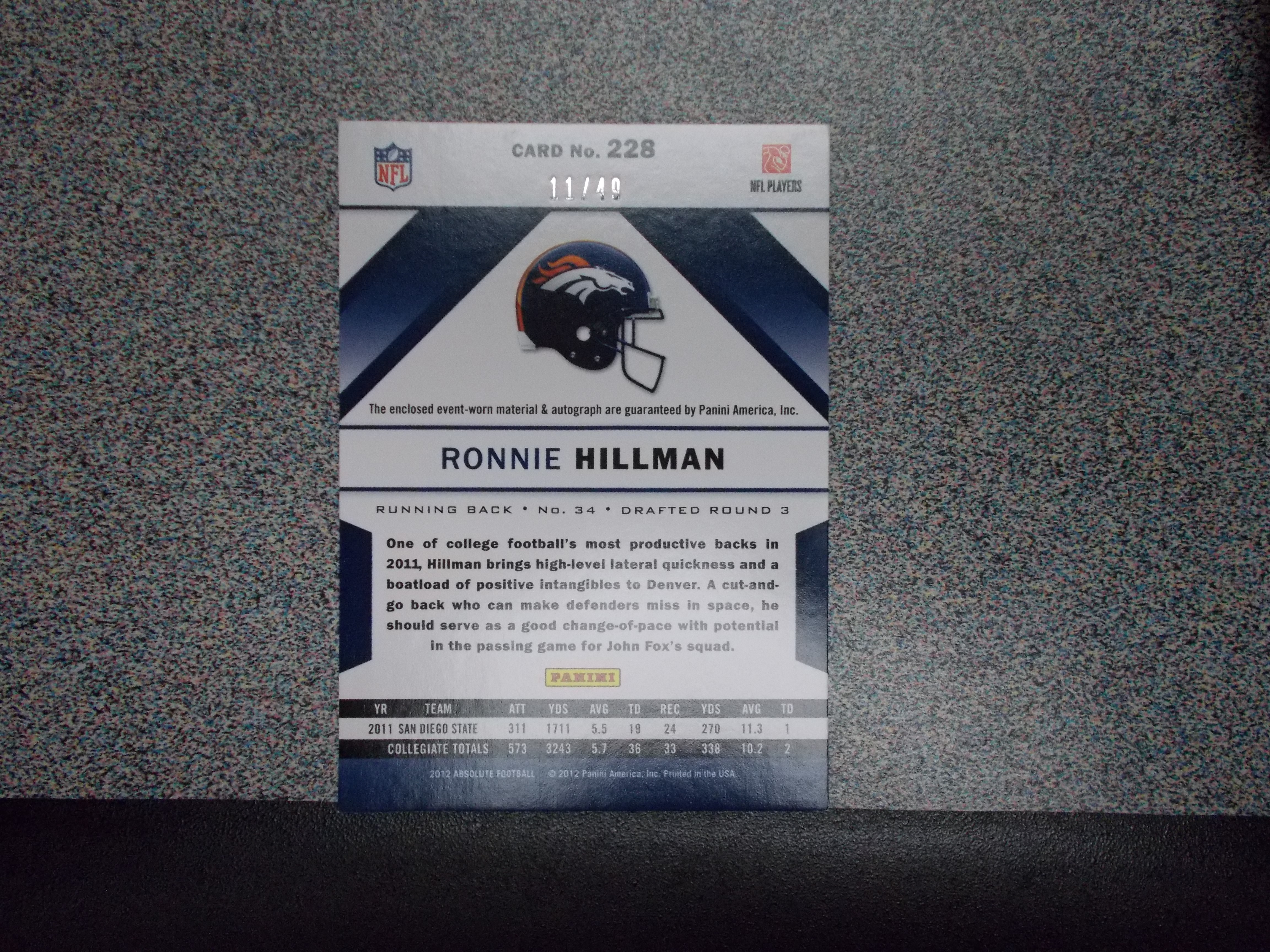 2012 Absolute Rookie Premiere Materials Autographs AFC/NFC #228 Ronnie Hillman back image