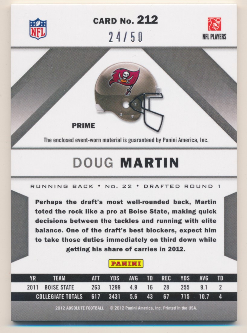 2012 Absolute Rookie Premiere Materials NFL Prime #212 Doug Martin back image