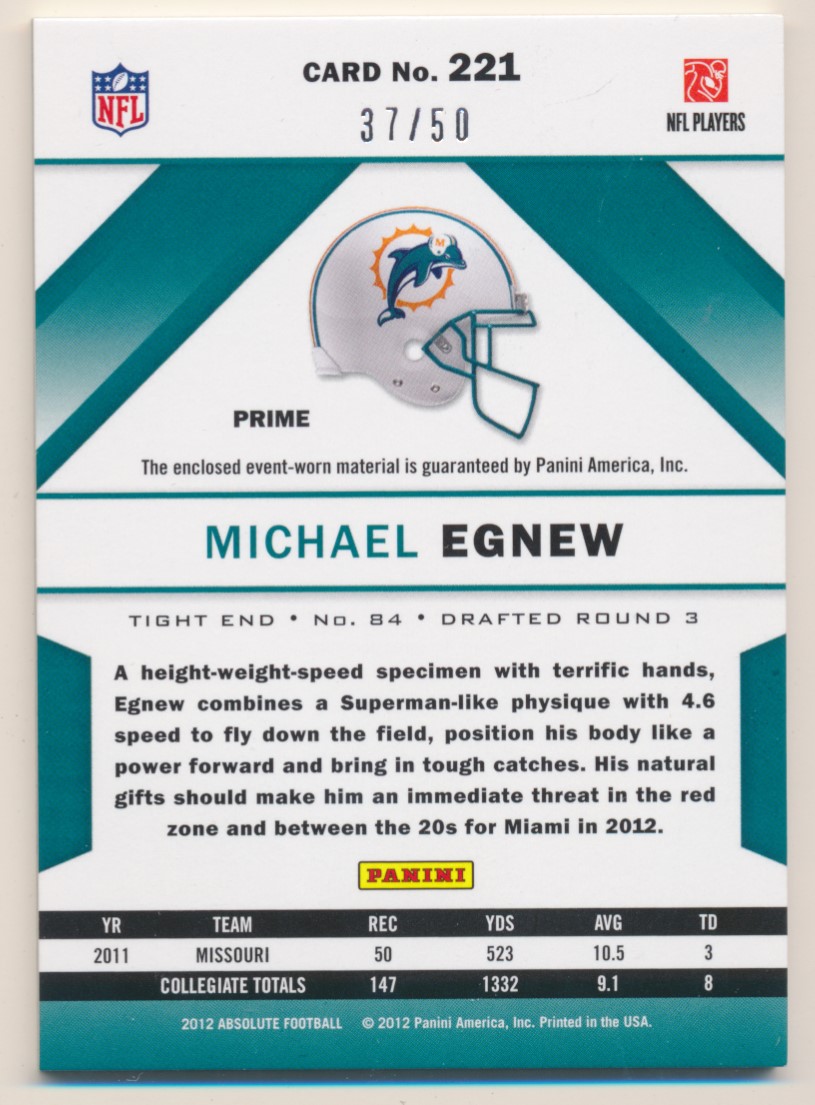 2012 Absolute Rookie Premiere Materials NFL Prime #221 Michael Egnew back image