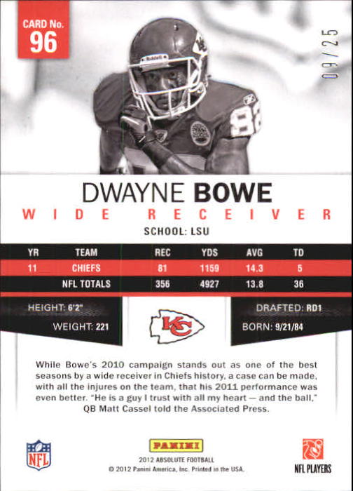 2012 Absolute Spectrum Gold #96 Dwayne Bowe back image
