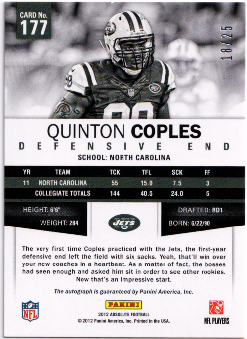 2012 Absolute Spectrum Platinum Autographs #177 Quinton Coples/25 back image