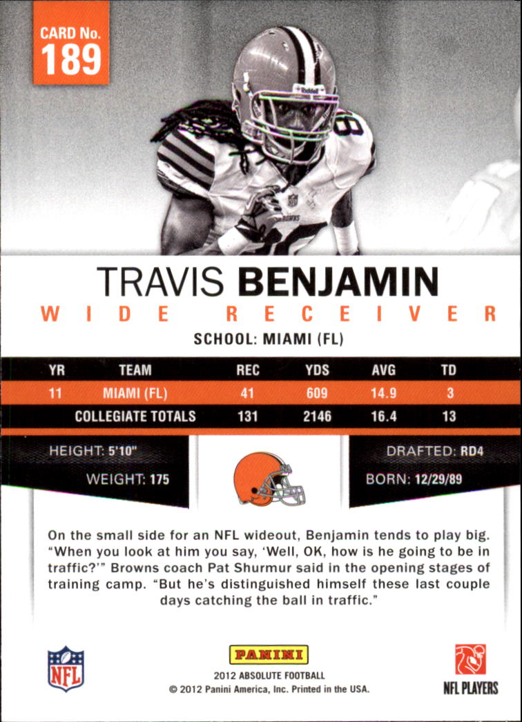 2012 Absolute Spectrum Red Retail #189 Travis Benjamin back image
