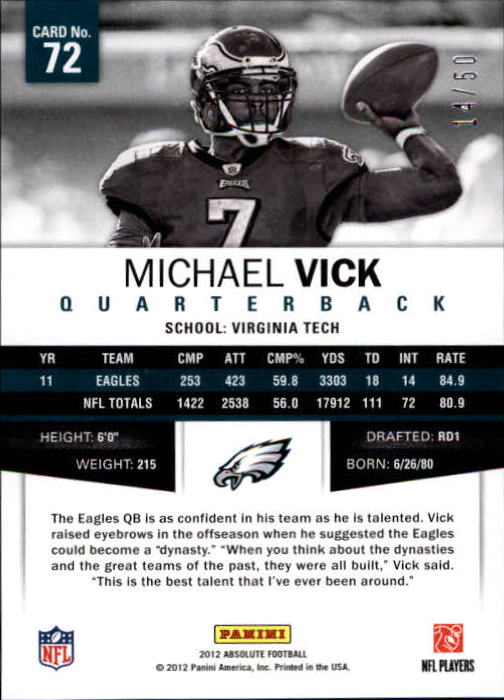 2012 Absolute Spectrum Silver #72 Michael Vick back image