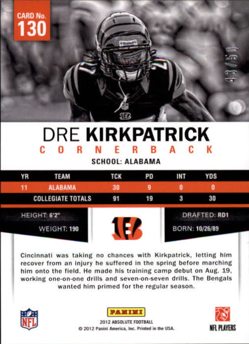 2012 Absolute Spectrum Silver #130 Dre Kirkpatrick back image