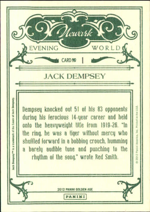 2012 Panini Golden Age Newark Evening World Supplement #1 Jack Dempsey back image