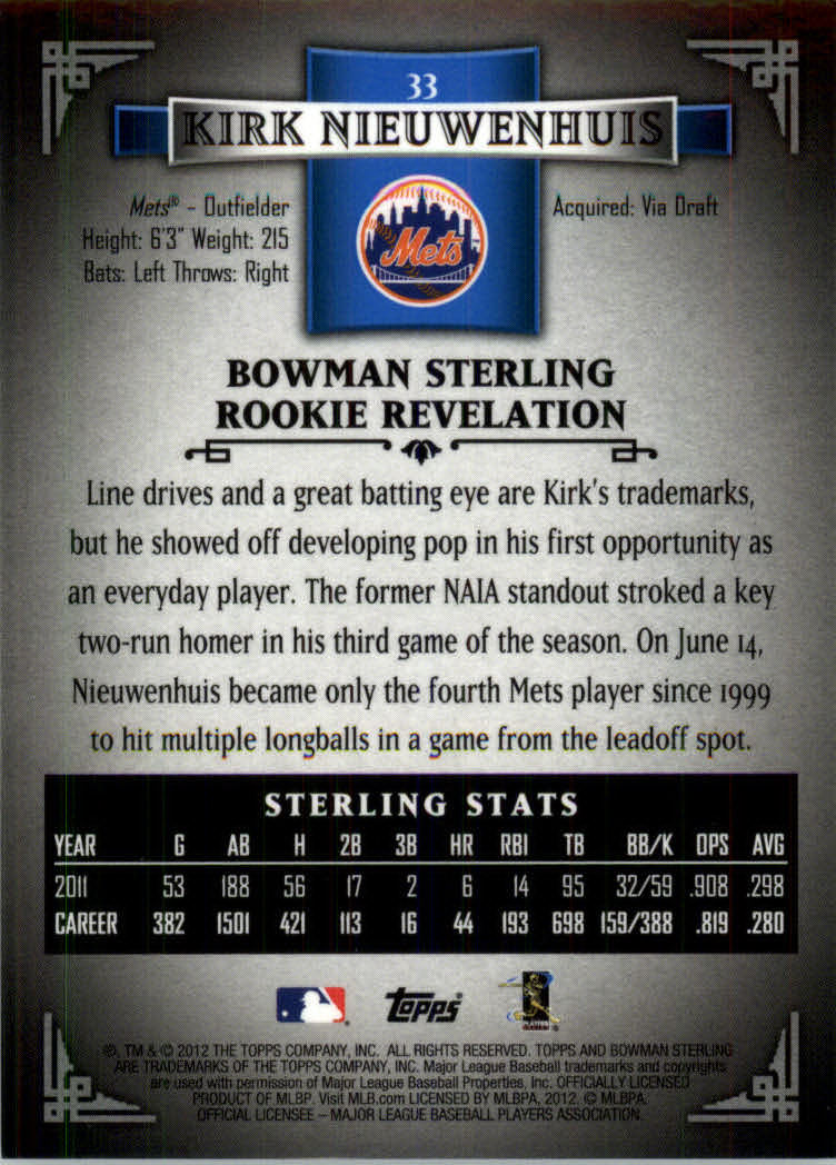 2012 Bowman Sterling #33 Kirk Nieuwenhuis RC back image