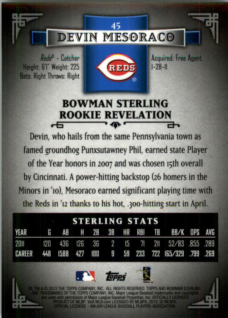2012 Bowman Sterling #45 Devin Mesoraco RC back image