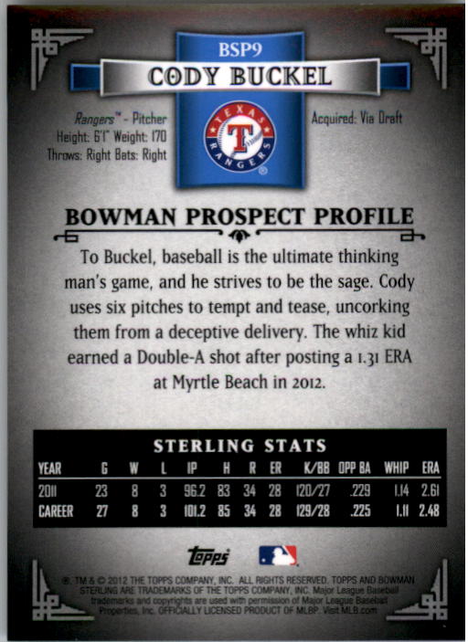 2012 Bowman Sterling Prospects Refractors #BSP9 Cody Buckel back image