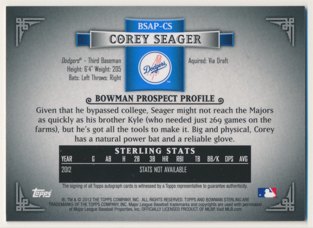 2012 Bowman Sterling Prospect Autographs #CS Corey Seager back image