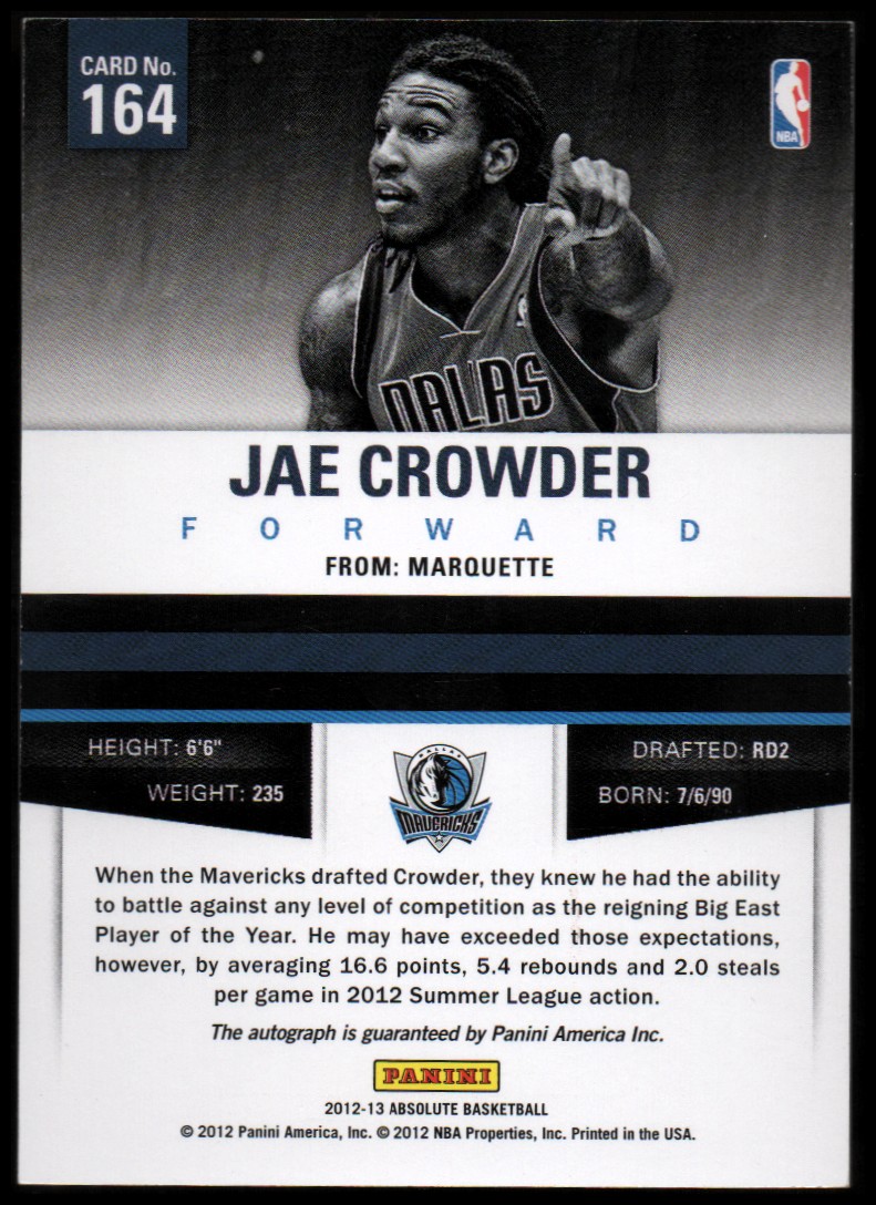 2012-13 Absolute #164 Jae Crowder AU/399 RC back image