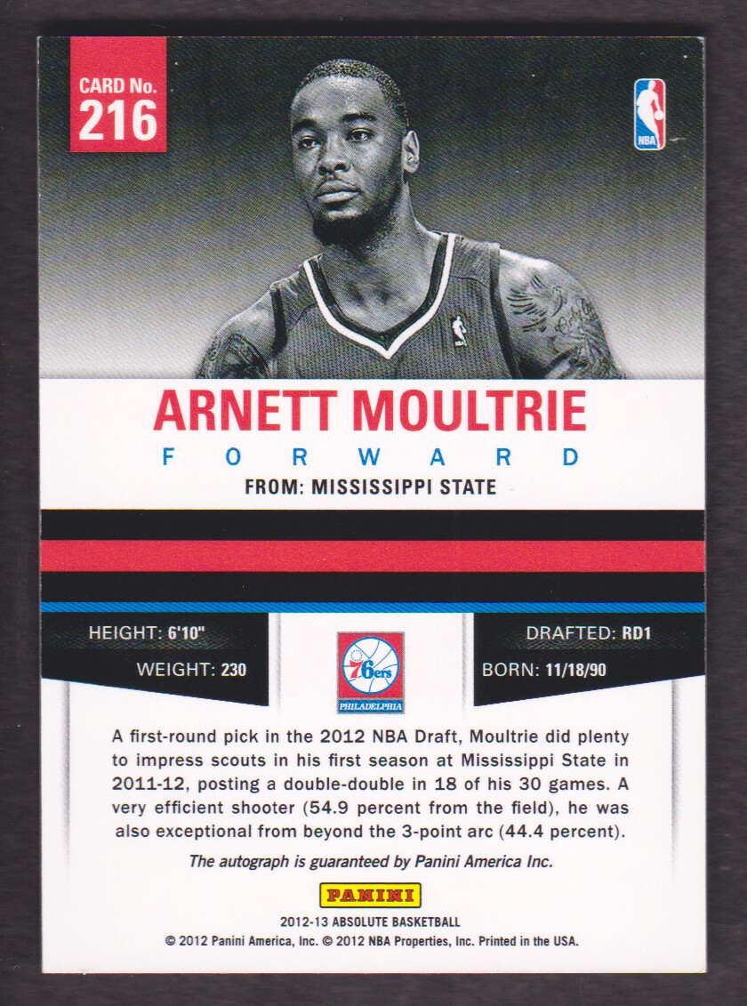 2012-13 Absolute #216 Arnett Moultrie AU/299 RC back image