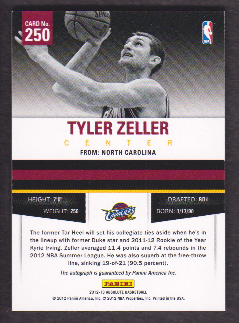 2012-13 Absolute #250 Tyler Zeller AU/249 RC back image