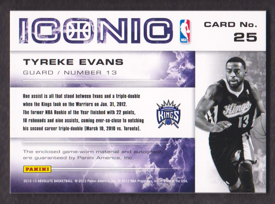2012-13 Absolute Iconic Materials Autographs #25 Tyreke Evans/74 EXCH back image