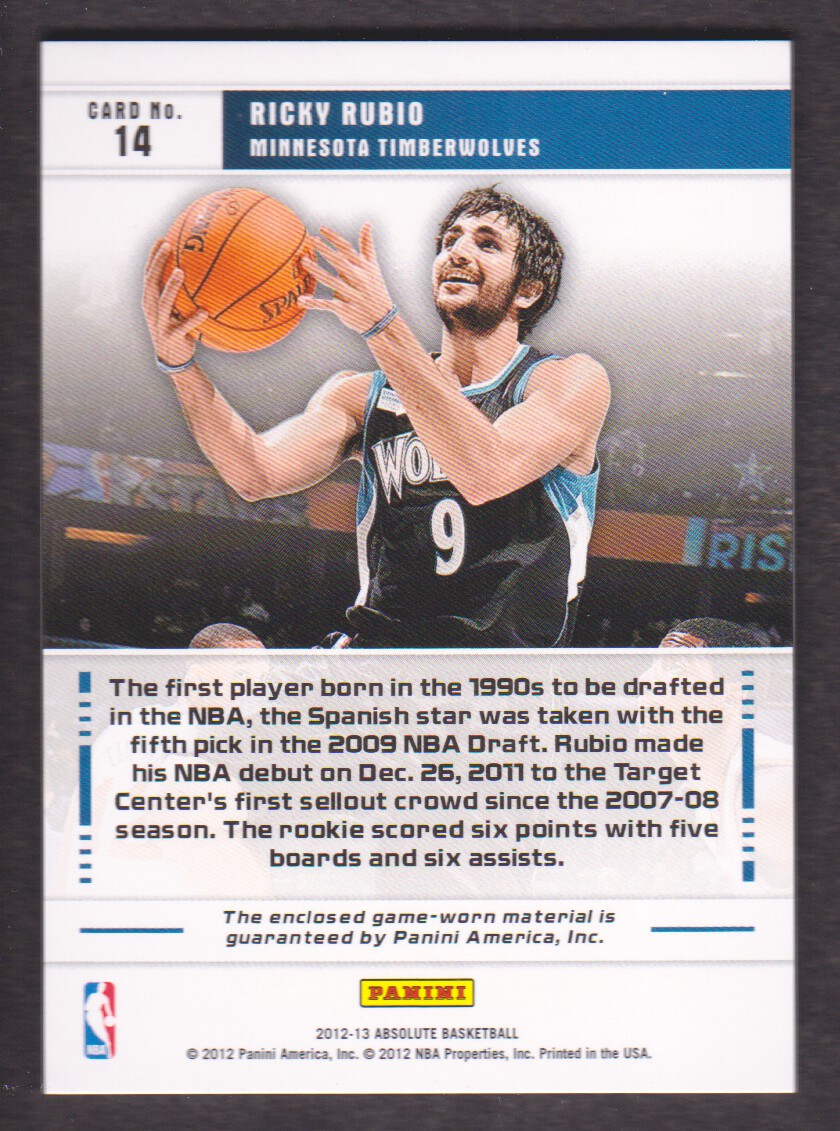 2012-13 Absolute Star Gazing Jersey Number Materials #14 Ricky Rubio/25 back image