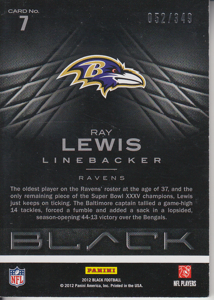 2012 Panini Black #7 Ray Lewis back image