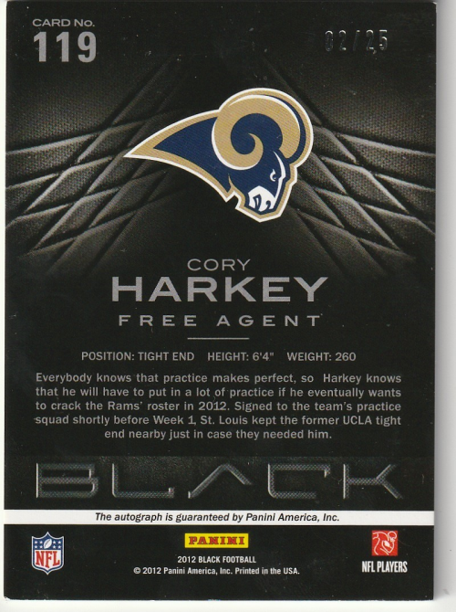2012 Panini Black Platinum #119 Cory Harkey back image