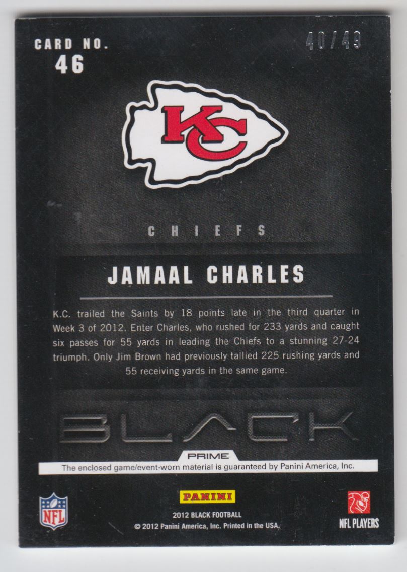 2012 Panini Black NFL Equipment Prime #46 Jamaal Charles/49 back image