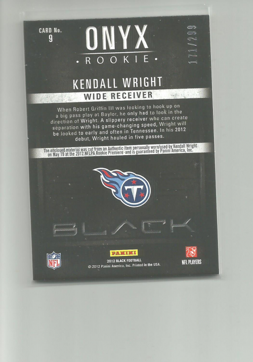 2012 Panini Black Onyx Rookie Materials #9 Kendall Wright back image