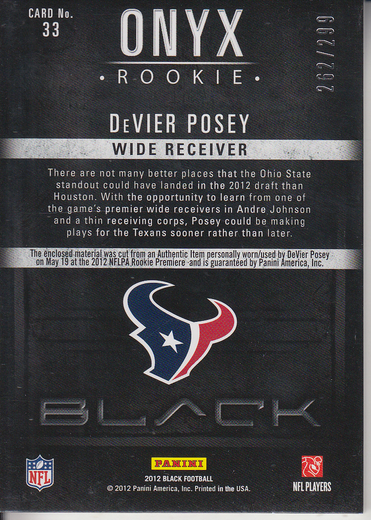 2012 Panini Black Onyx Rookie Materials #33 DeVier Posey back image