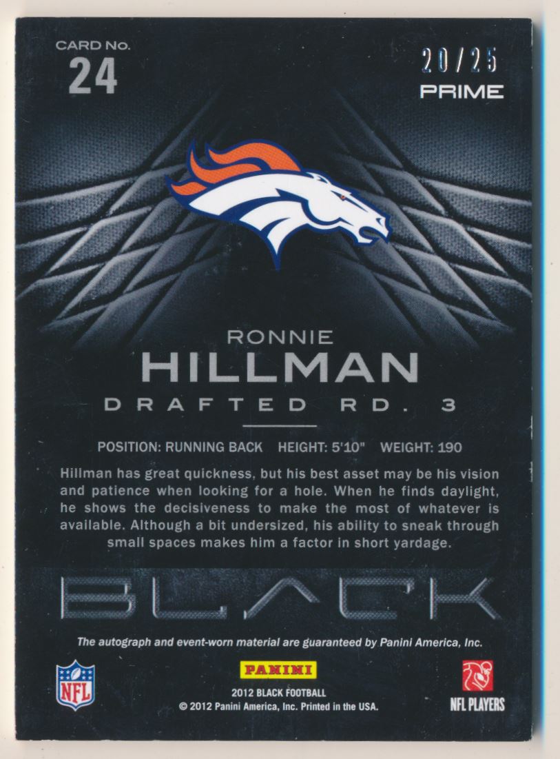 2012 Panini Black Rookie Signature Materials Prime Black #24 Ronnie Hillman back image