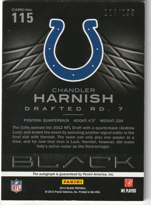 2012 Panini Black Rookie Signatures #115 Chandler Harnish/199 back image