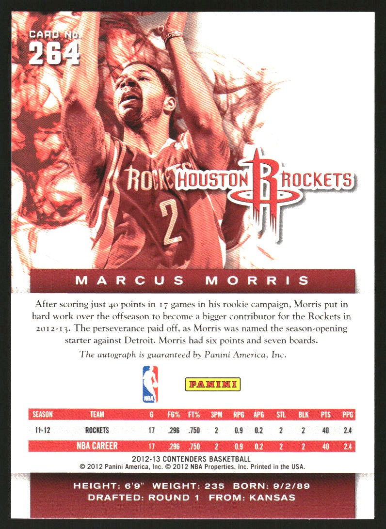 2012-13 Panini Contenders #264 Marcus Morris AU RC