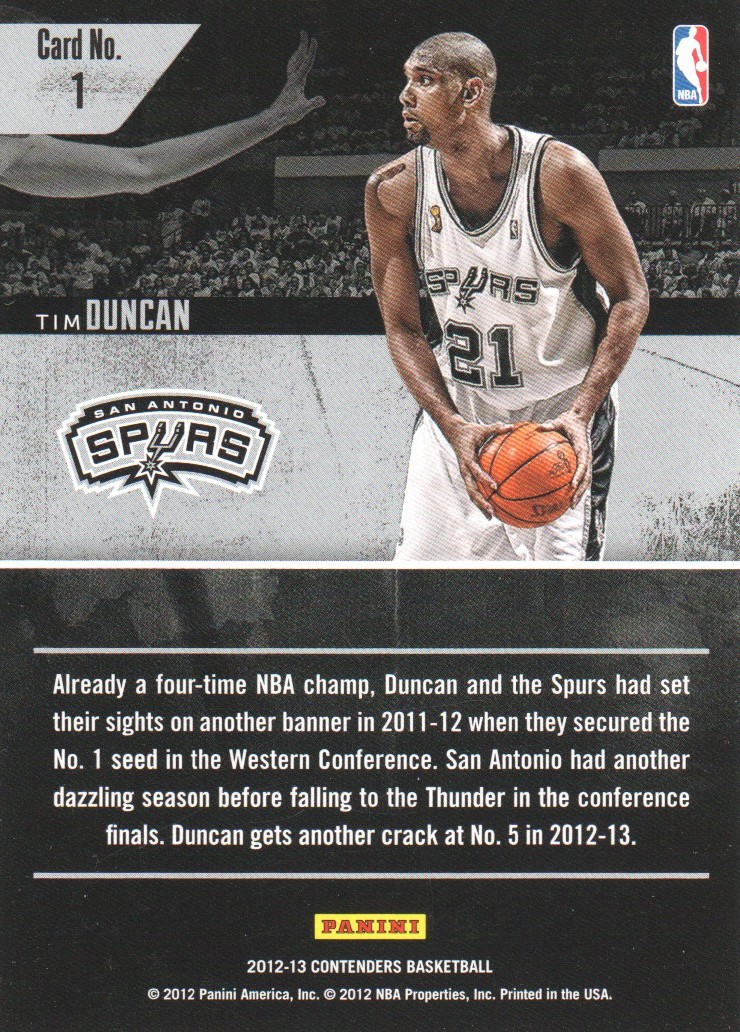 2012-13 Panini Contenders Playoff Contenders #1 Tim Duncan back image