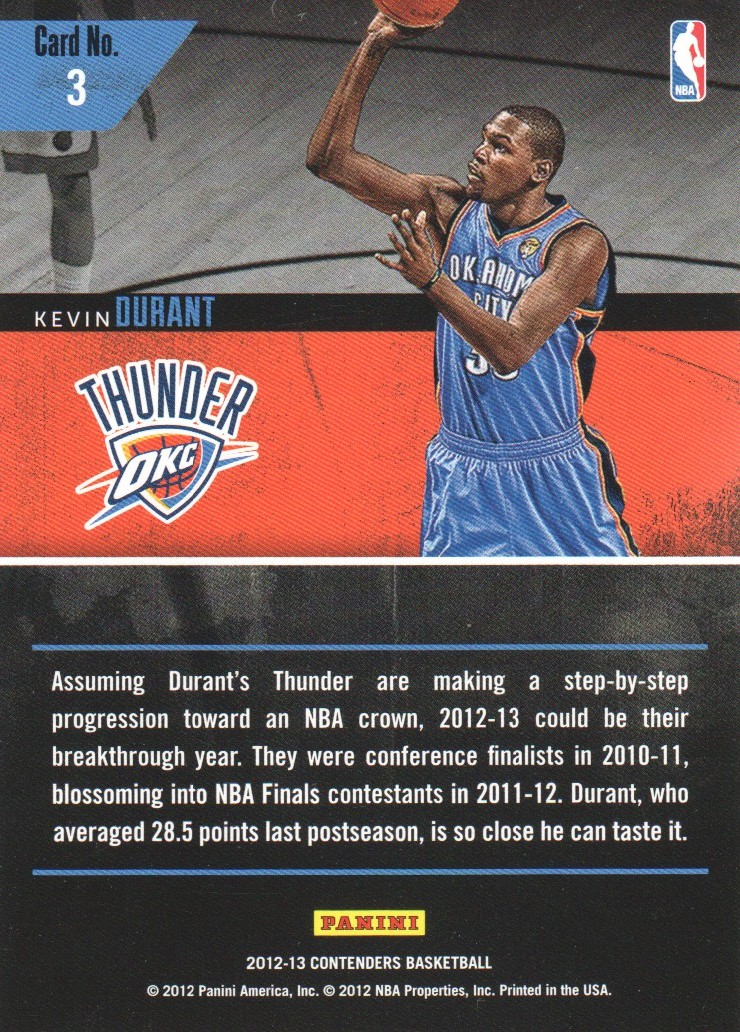2012-13 Panini Contenders Playoff Contenders #3 Kevin Durant back image