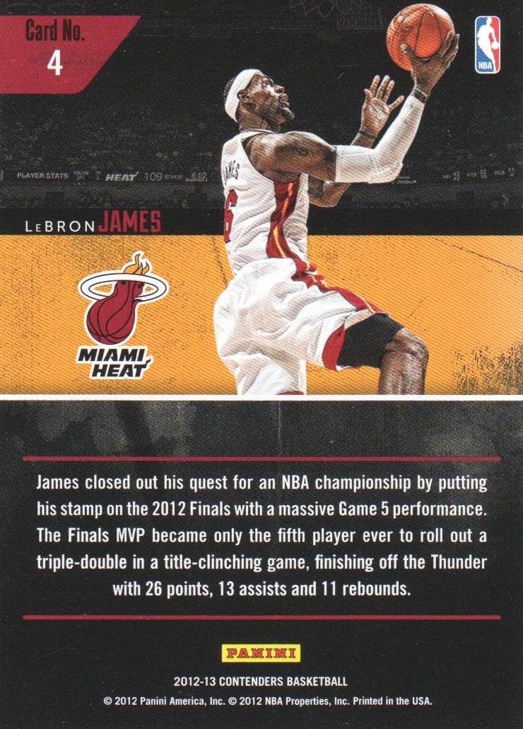 2012-13 Panini Contenders Playoff Contenders #4 LeBron James back image