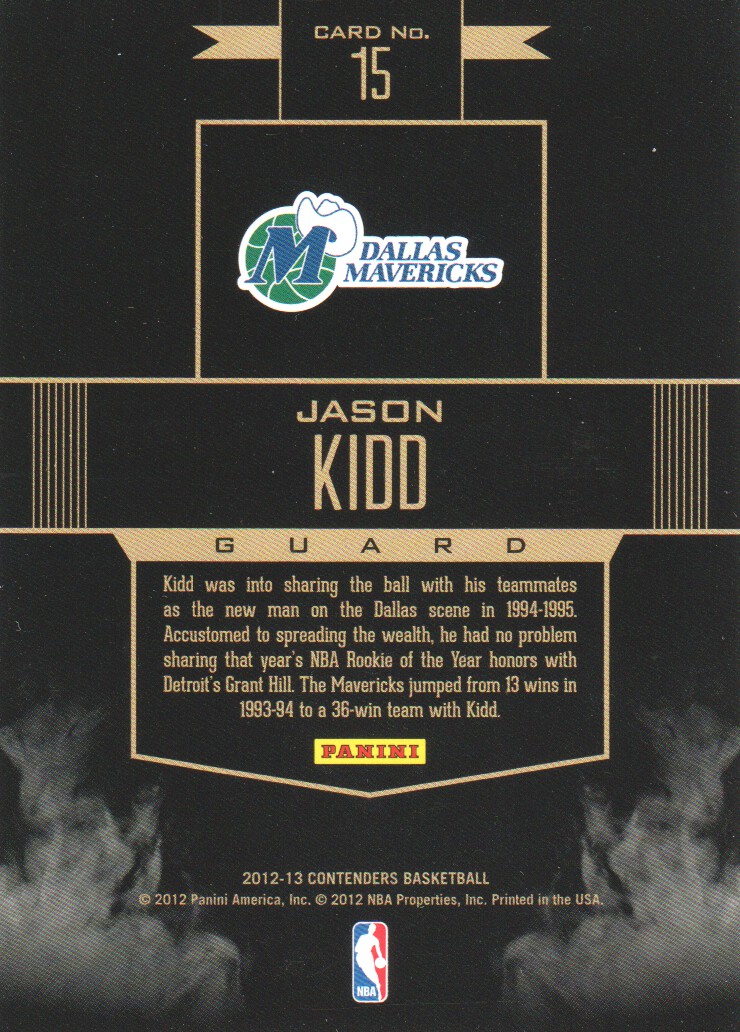 2012-13 Panini Contenders Rookie Remembrance #15 Jason Kidd back image