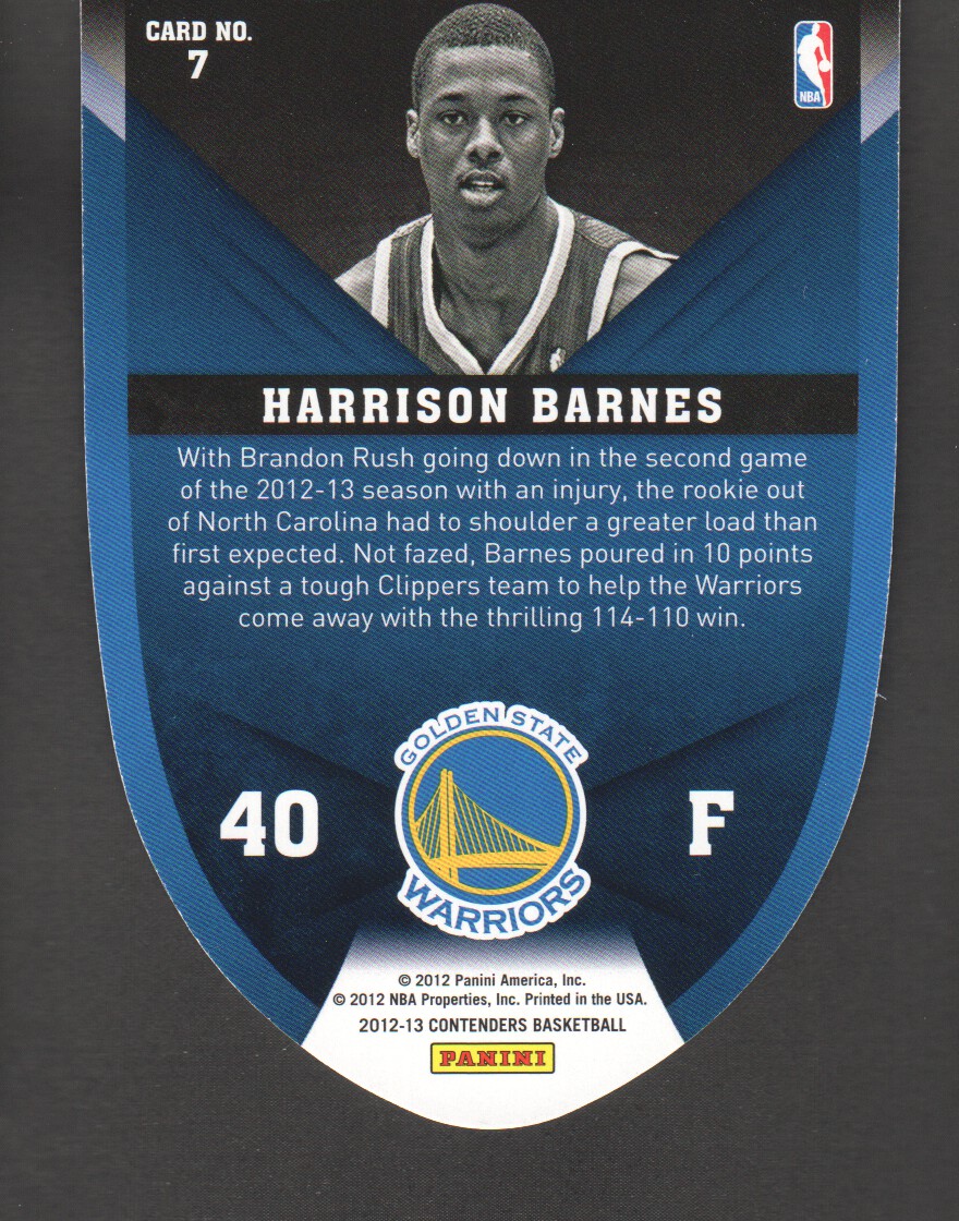2012-13 Panini Contenders ROY Contenders #7 Harrison Barnes back image