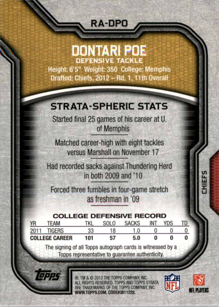 2012 Topps Strata Rookie Autographs Gold #RADPO Dontari Poe back image