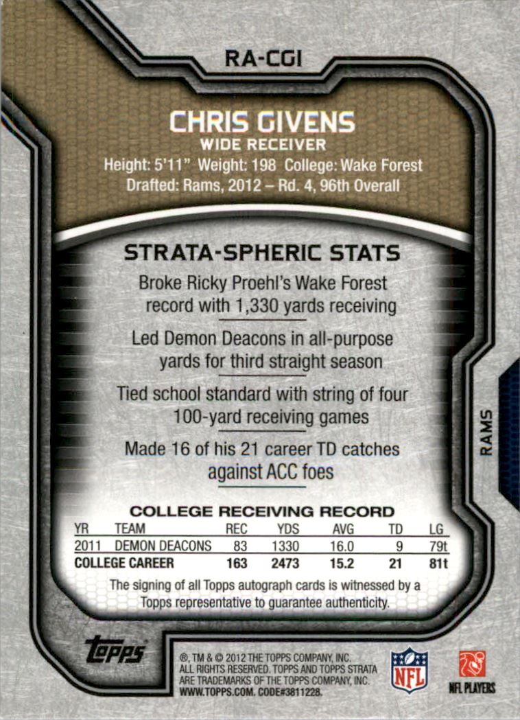 2012 Topps Strata Rookie Autographs Blue #RACGI Chris Givens back image