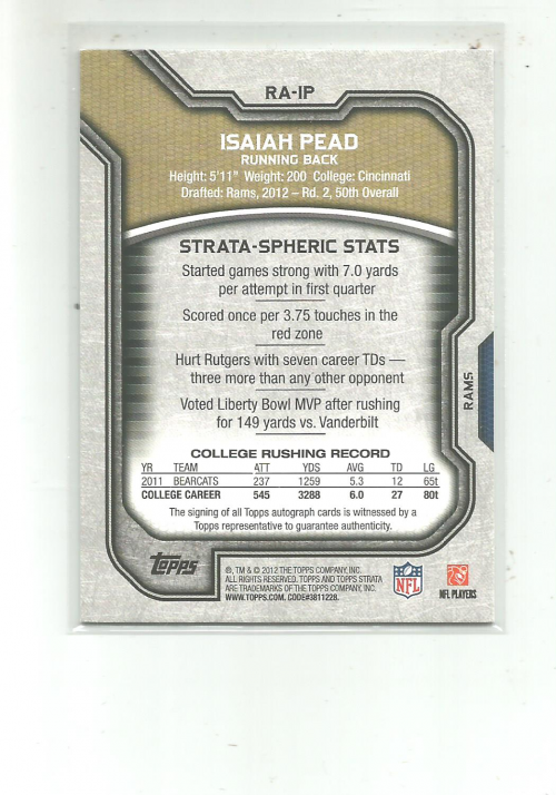 2012 Topps Strata Rookie Autographs Blue #RAIP Isaiah Pead back image