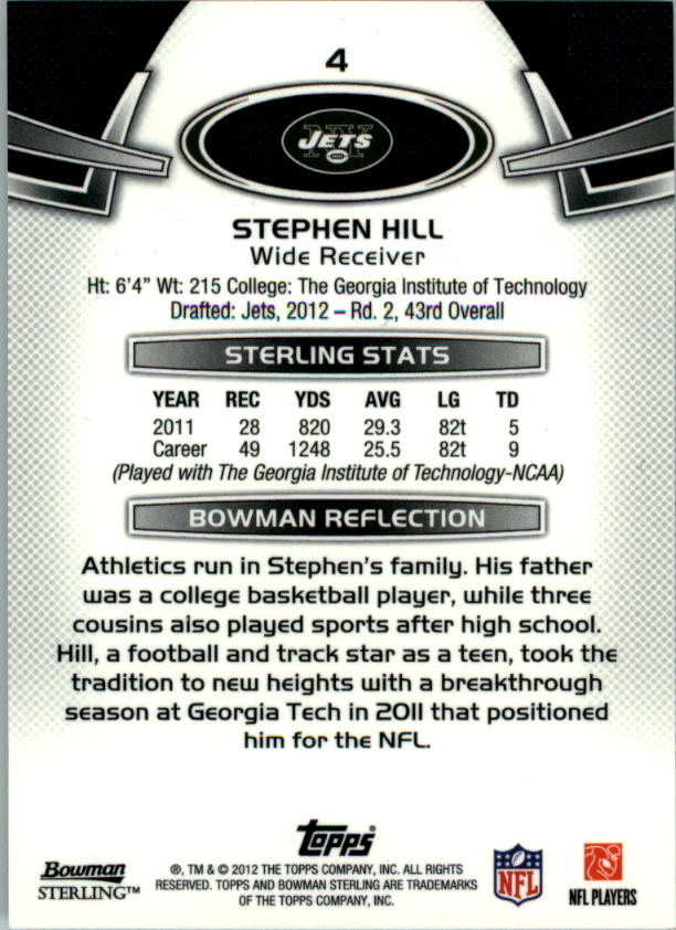 2012 Bowman Sterling #4 Stephen Hill RC back image