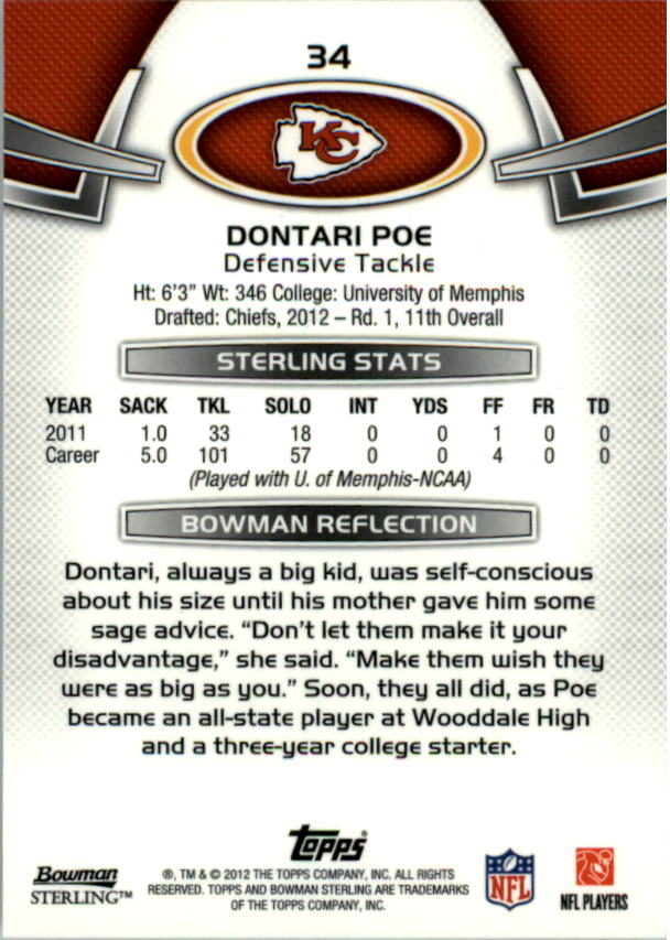 2012 Bowman Sterling #34 Dontari Poe RC back image