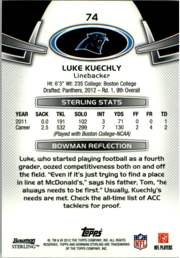 2012 Bowman Sterling #74 Luke Kuechly RC back image