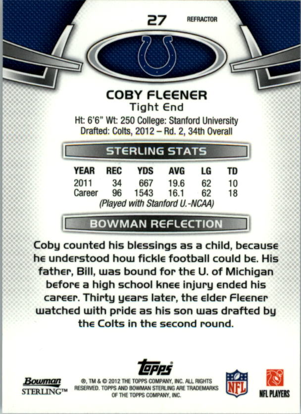 2012 Bowman Sterling Blue Refractors #27 Coby Fleener back image