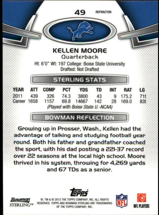 2012 Bowman Sterling Blue Refractors #49 Kellen Moore back image