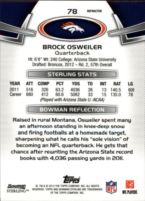 2012 Bowman Sterling Blue Refractors #78 Brock Osweiler back image