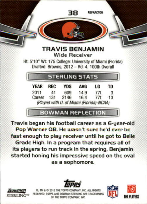 2012 Bowman Sterling Black Refractors #38 Travis Benjamin back image