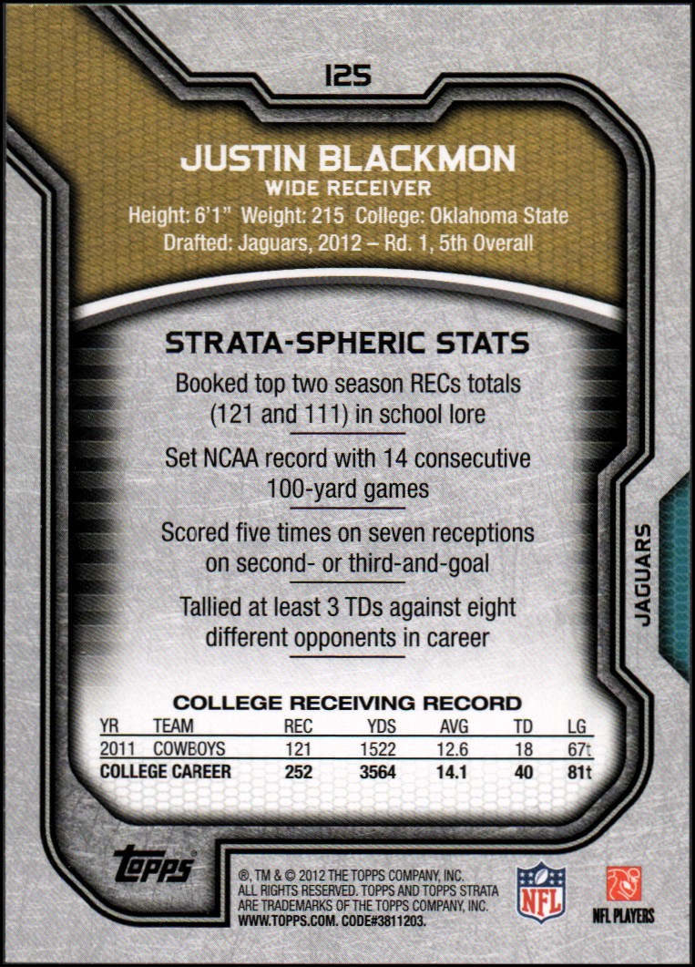 2012 Topps Strata Retail #125 Justin Blackmon RC back image