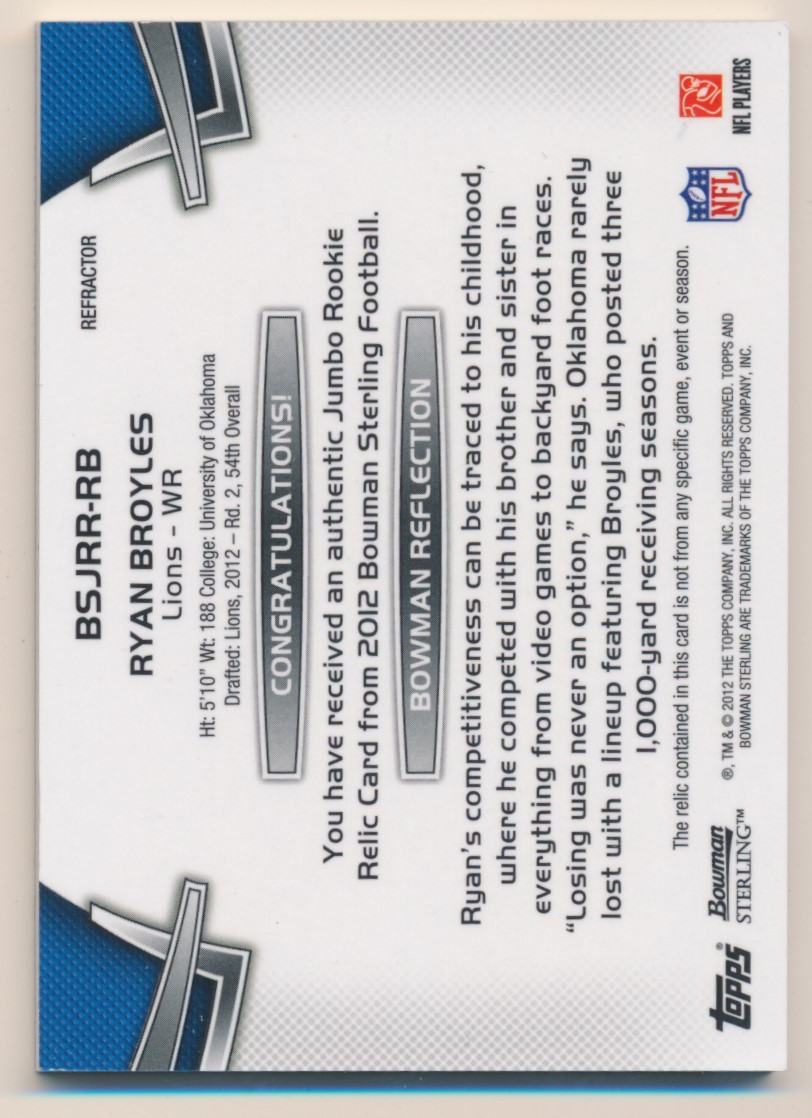 2012 Bowman Sterling Gold Refractors #BSJRRRB Ryan Broyles JSY/65 back image