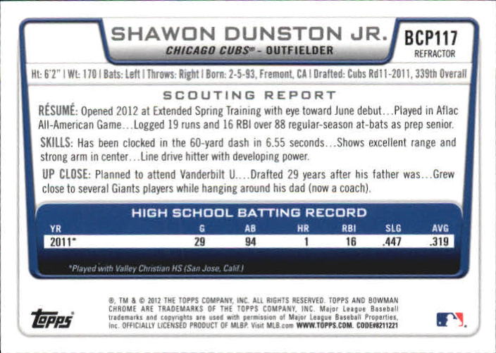 2012 Bowman Chrome Prospects Blue Wave Refractors #BCP117 Shawon Dunston Jr. back image