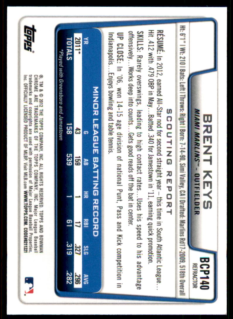 2012 Bowman Chrome Prospects Blue Wave Refractors #BCP140 Brent Keys back image