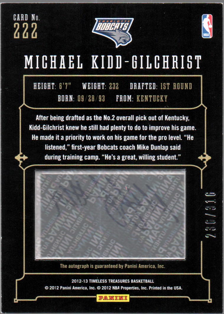 2012-13 Timeless Treasures #222 Michael Kidd-Gilchrist AU/316 RC back image