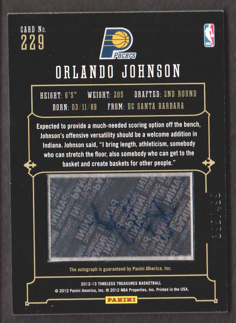 2012-13 Timeless Treasures #229 Orlando Johnson AU/499 RC back image