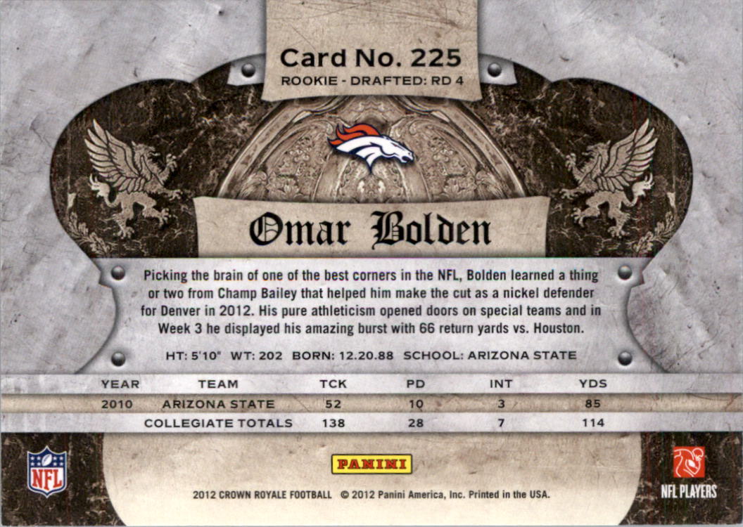 2012 Crown Royale Retail #225 Omar Bolden RC back image
